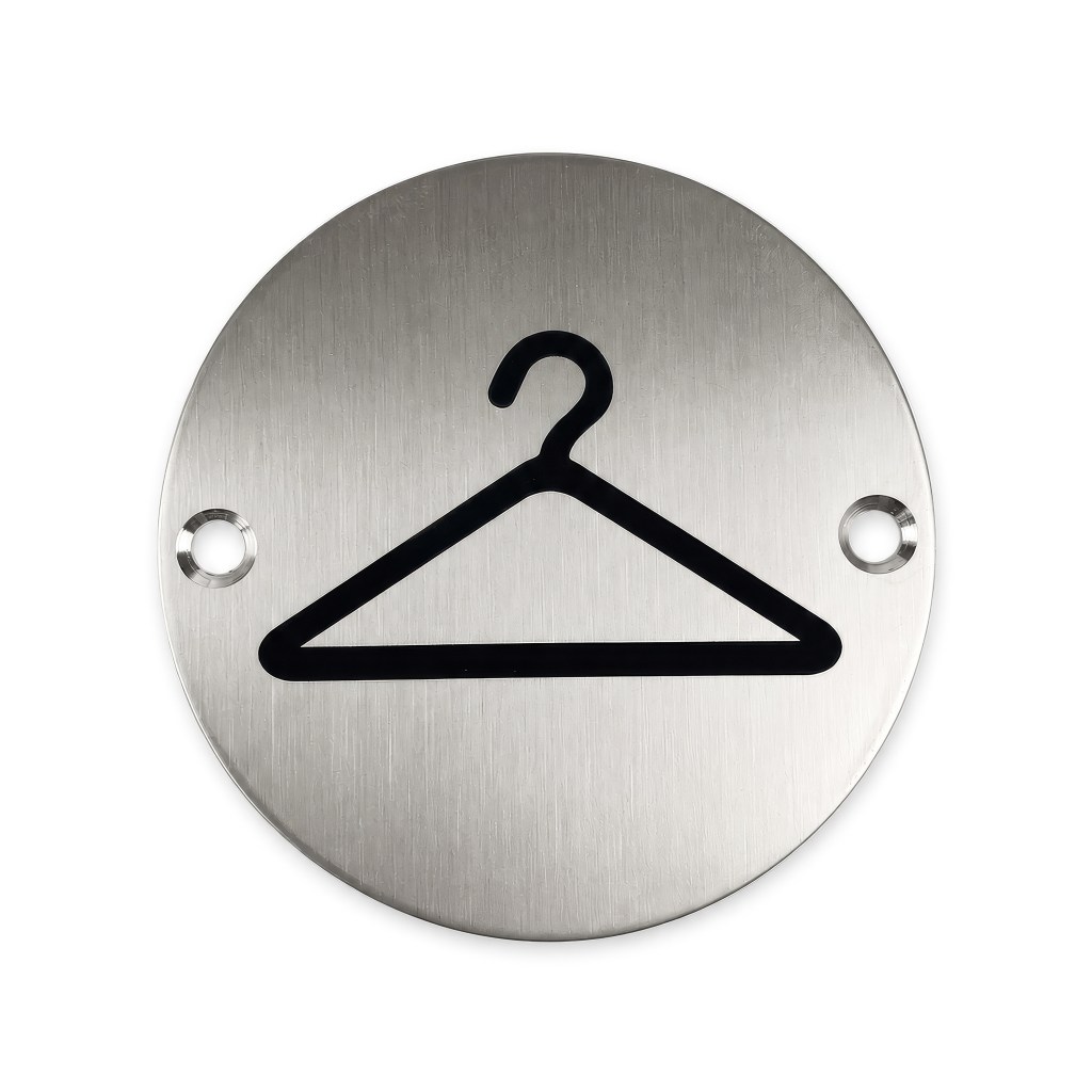 Cloakroom door disc in metal finish.