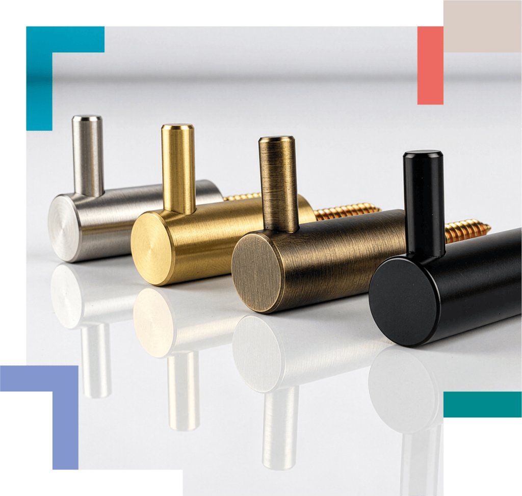 Four stainless steel coat hooks in satin stainless, satin brass, antique brass and black finishes