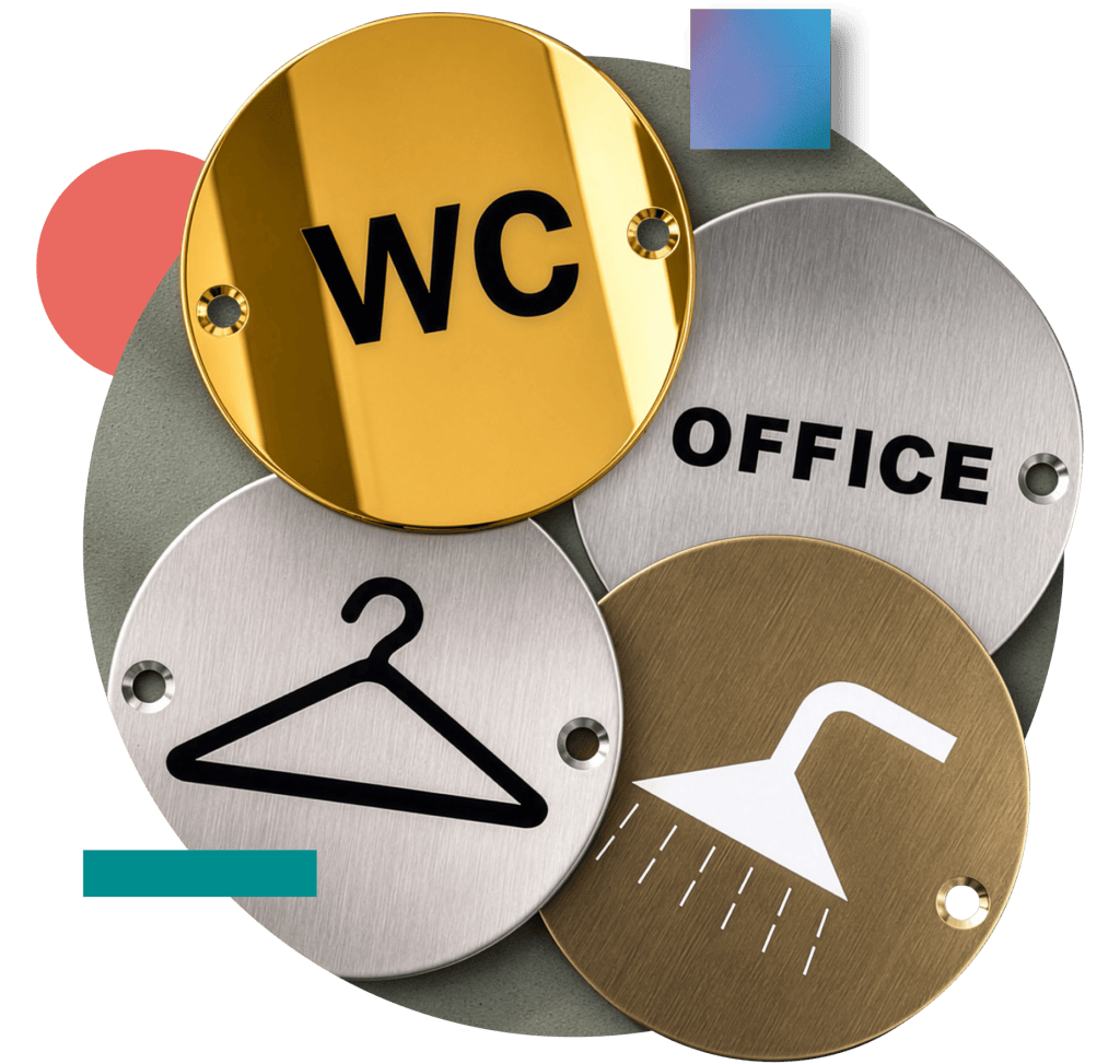 Selection of room and facility door discs in assorted metal finishes.